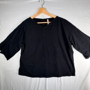 Mata Traders Black V-Neck Boxy Knit Top 3/4 Sleeve Cotton Jersey Size M